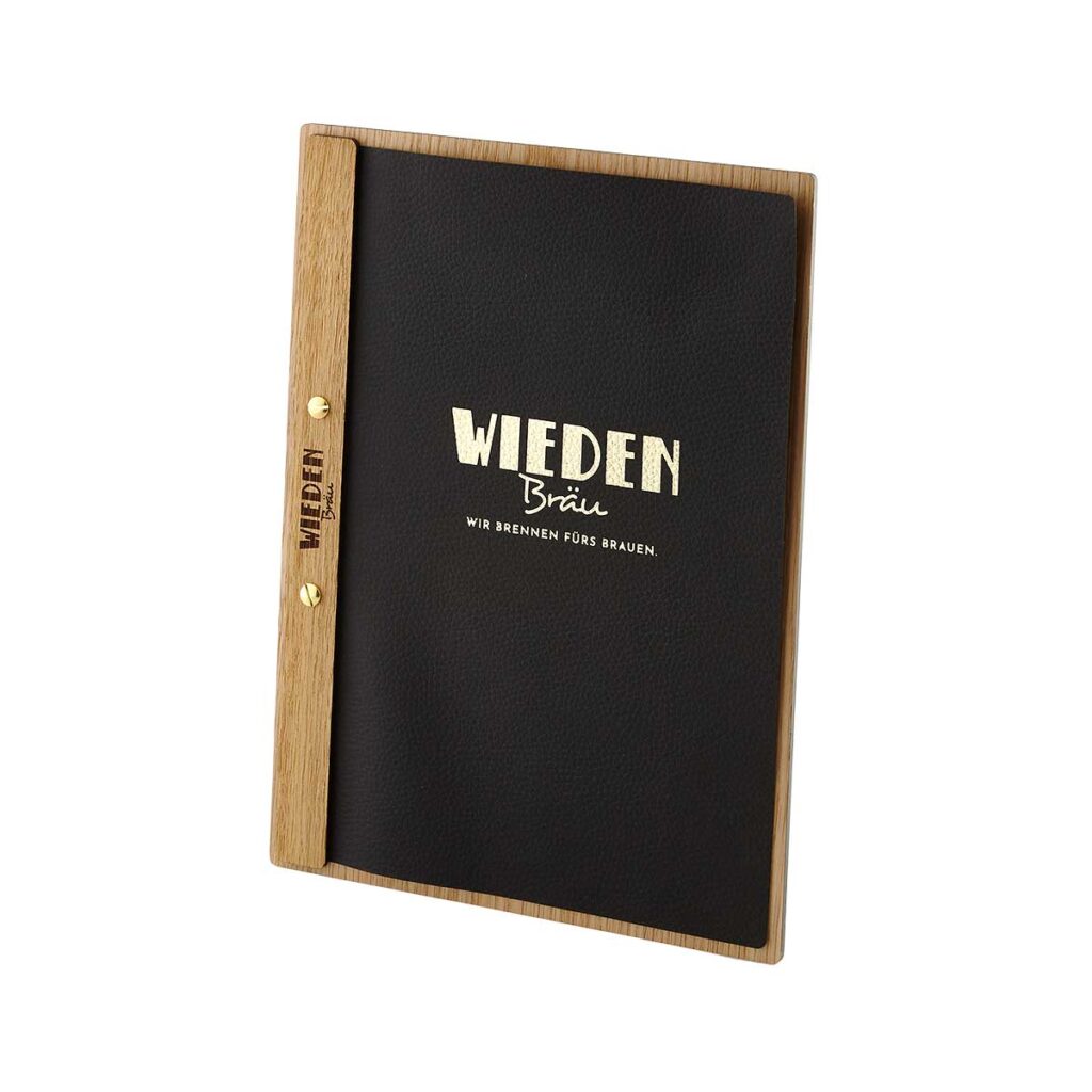 Menuboard en chêne avec bar et couverture en cuir de design en noir