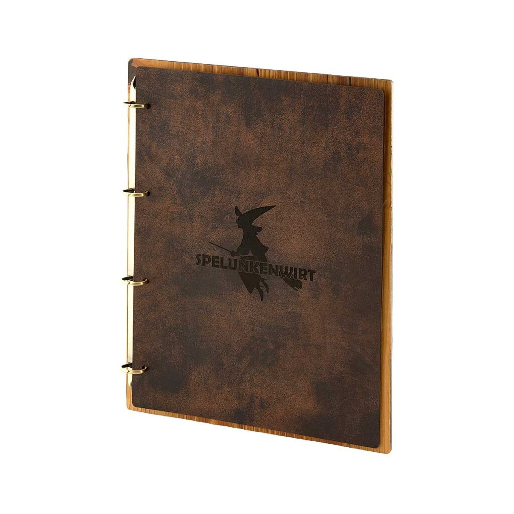 Menuboard aus Holz mit Ringmechanik in Gold und Echtledercover