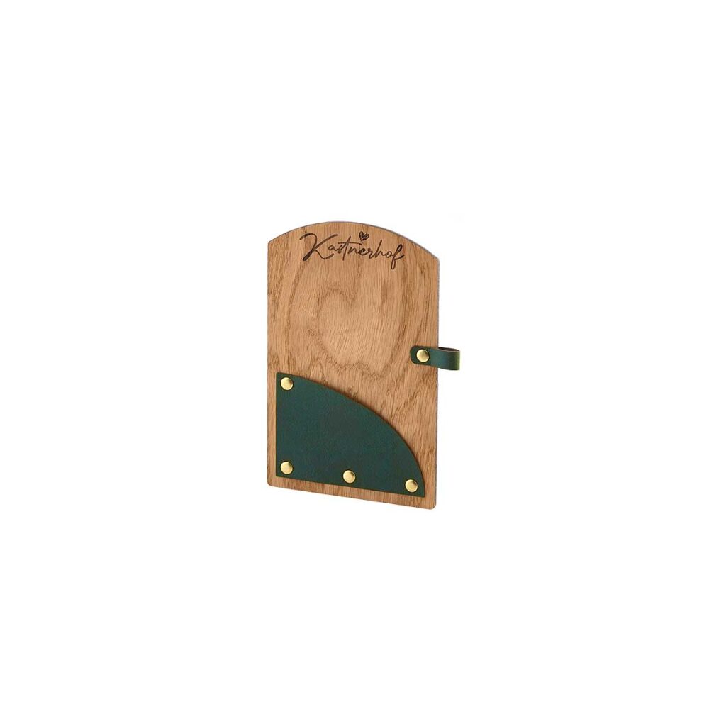 Bill Board aus Eichenholz mit grünem Dreieck und Stifthalter aus Weichleder