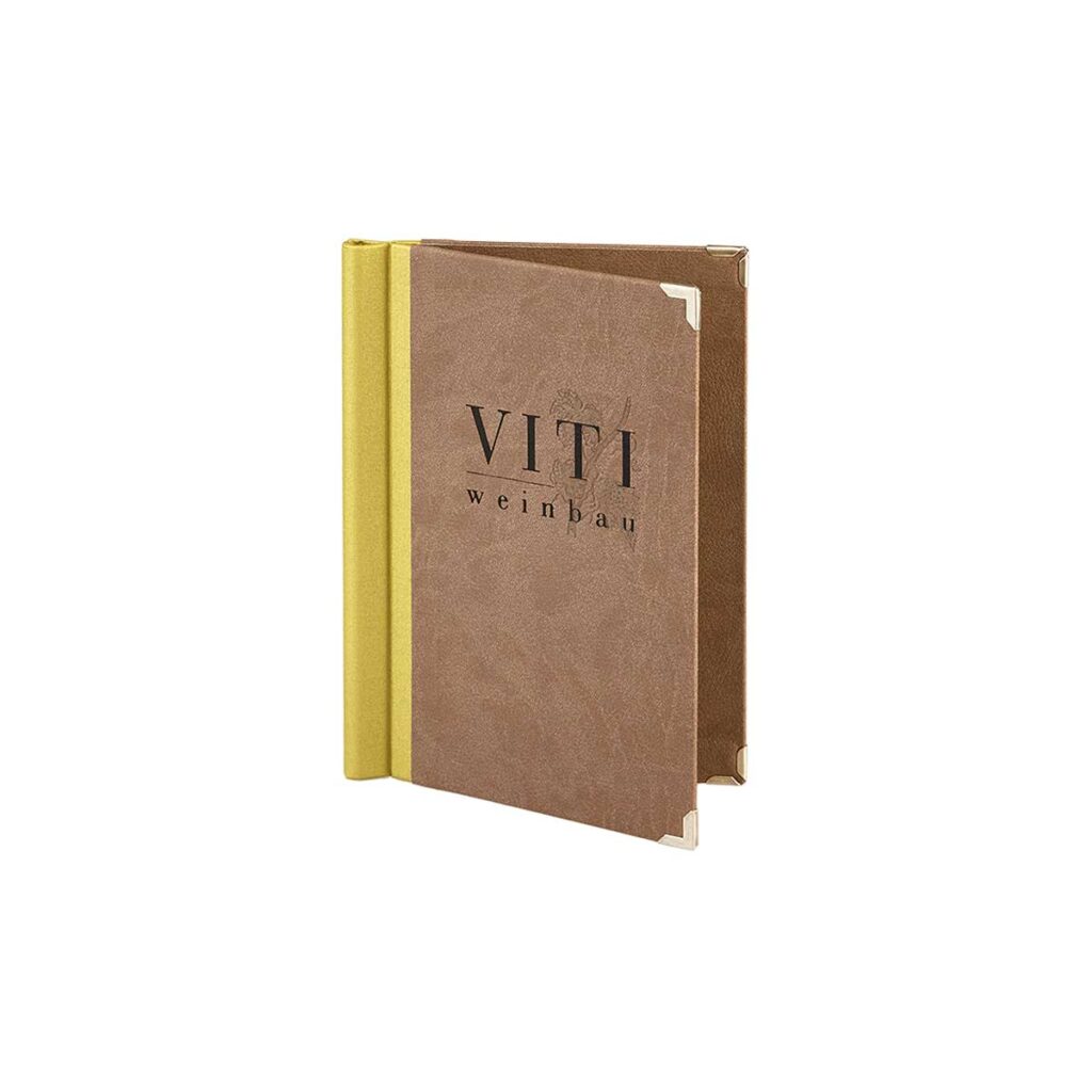 Menu made of soft leather in brown with clamp back from Medici in Lemon