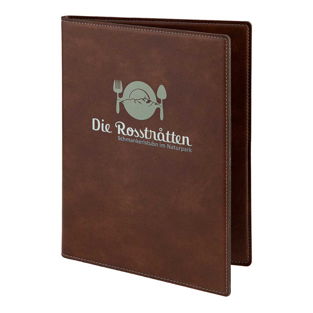 Speisekarte aus Schaumleder in Braun mit Schrauben innen