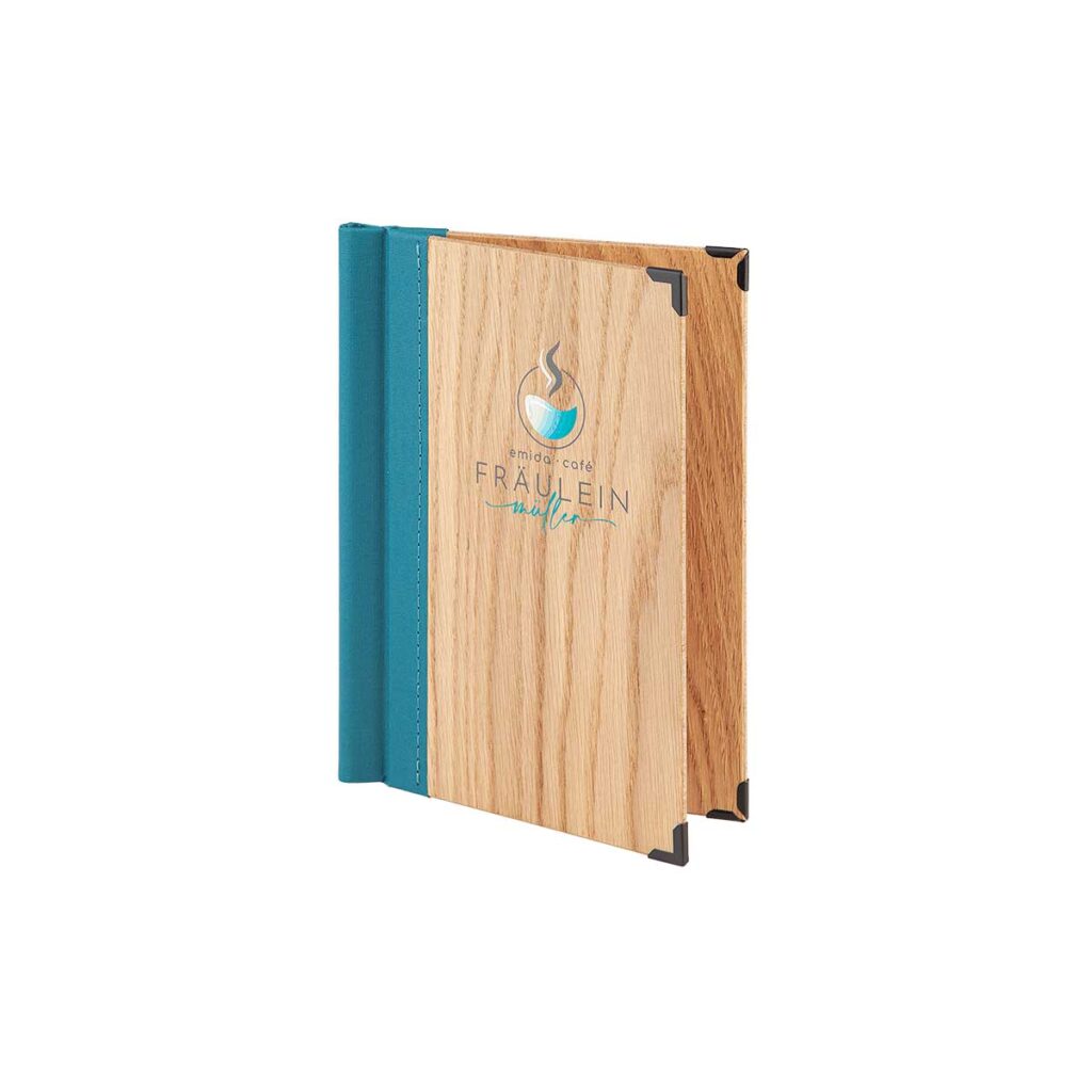HolzspeisekartenaturbelassenmitKlemmrückenausBuchbinderleineninTürkisundUV Logodruck