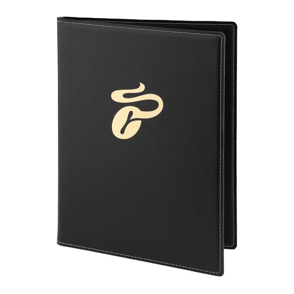 Menu noir en cuir en mousse avec une placolet à bouton-poussoir à l&#39;intérieur