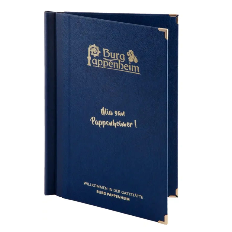 Menükarte aus blauem Leder mit Logoveredelung bei Gastrotopcard kaufen