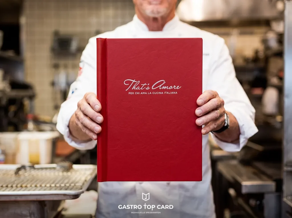 Speisekartenhüllen in rot mit eigenem Logo kaufen bei Gastrotopcard