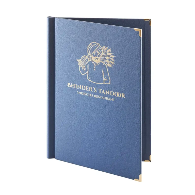 Speisekarten in blau mit Logo in gold bei Gastrotopcard kaufen