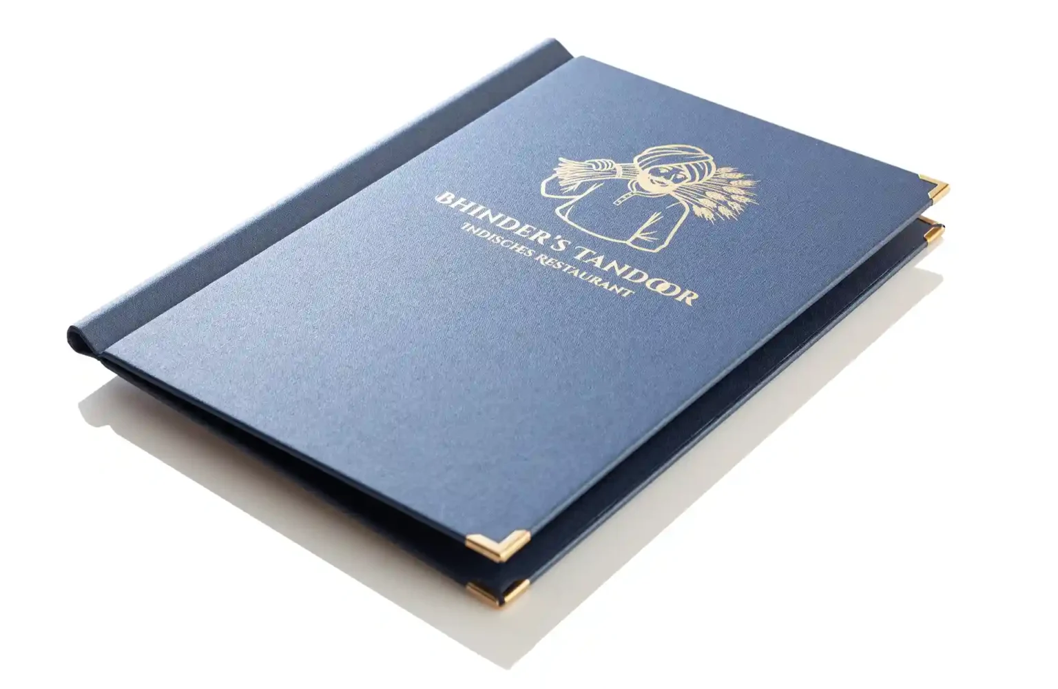 Speisekarte mit goldenem Logo aus Leinen bei Gastrotopcard kaufen