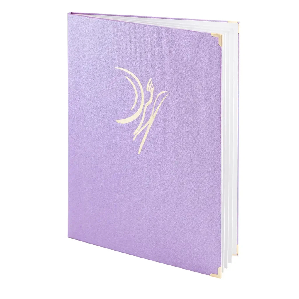 Speisekarte in lila mit Logo in gild kaufen bei Gastrotopcard